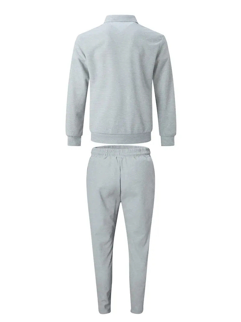 Modern Smart Casual Plaid Zip Jacket and Slim Pants Set - Light Grey