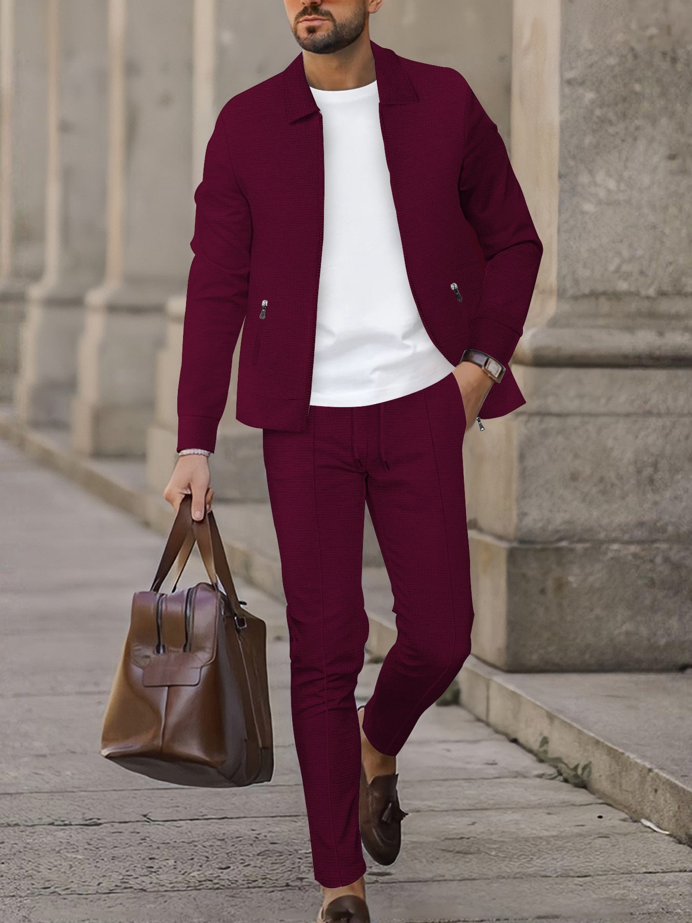 Modern Smart Casual Plaid Zip Jacket and Slim Pants Set - Wine Red