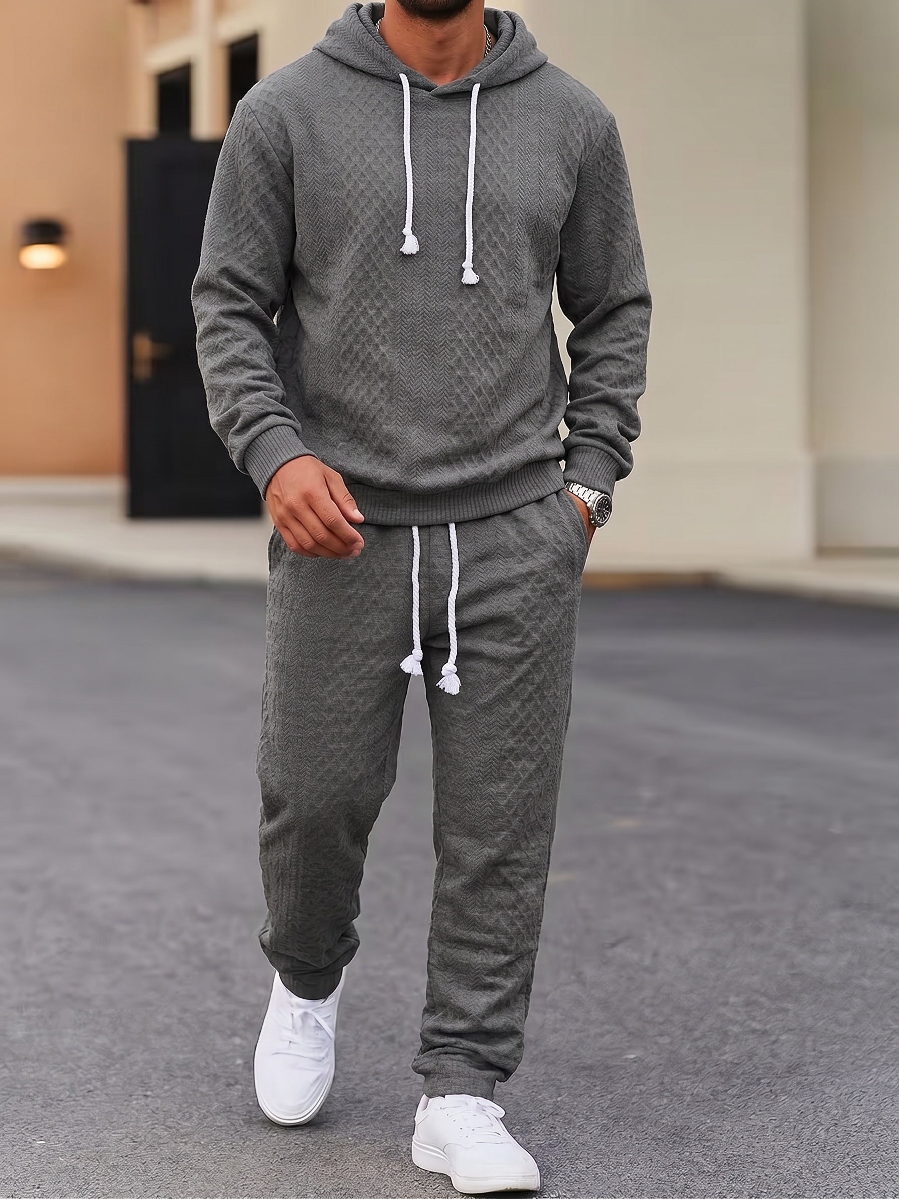 Textured Jacquard Hooded Sweatshirt and Joggers Set - Grey
