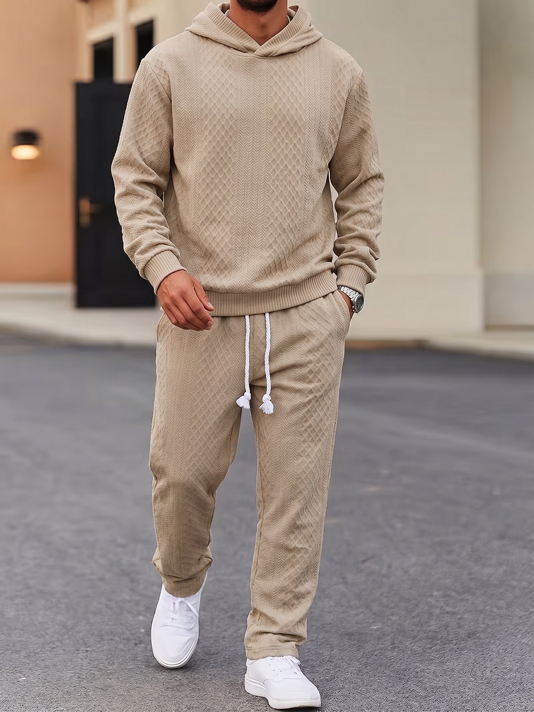 Textured Jacquard Hooded Sweatshirt and Joggers Set - Khaki