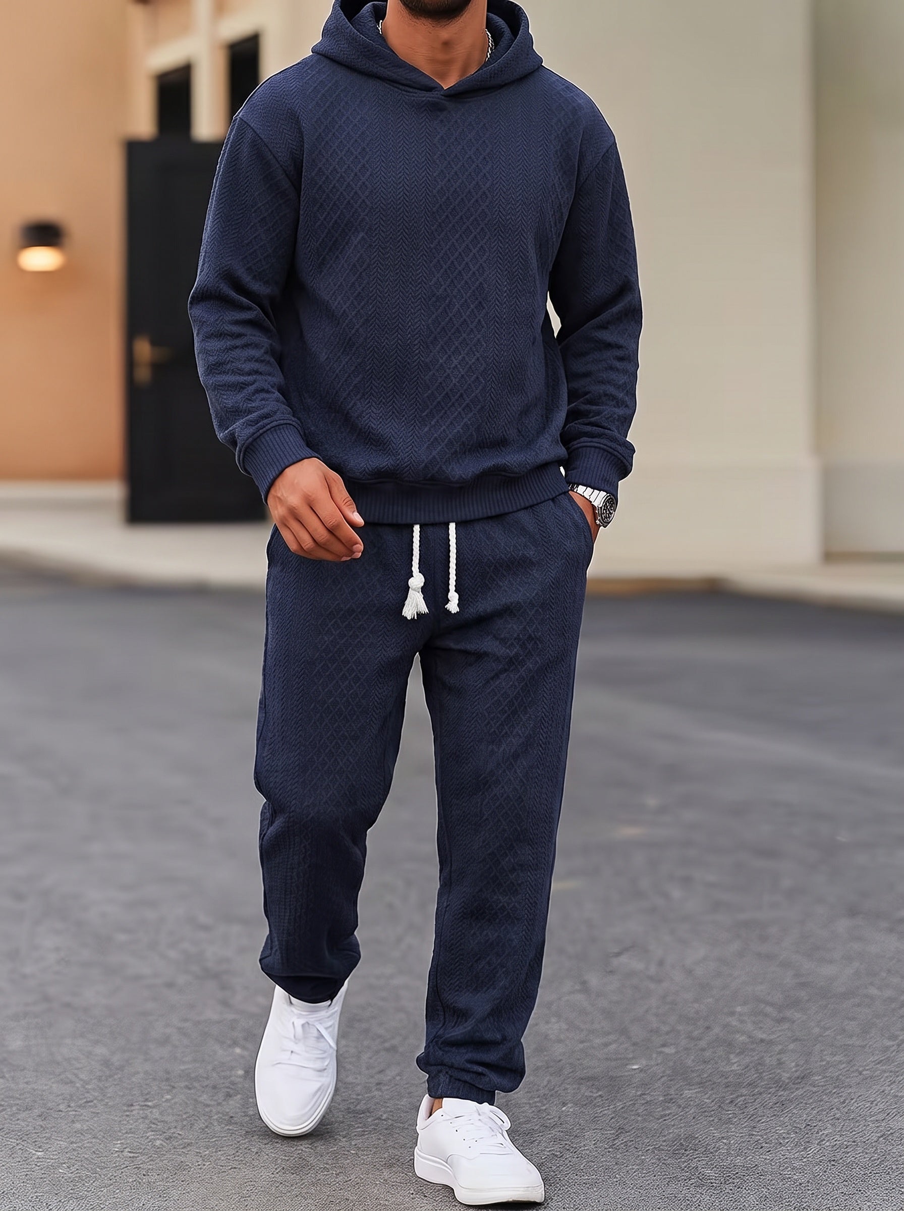 Textured Jacquard Hooded Sweatshirt and Joggers Set - Navy Blue