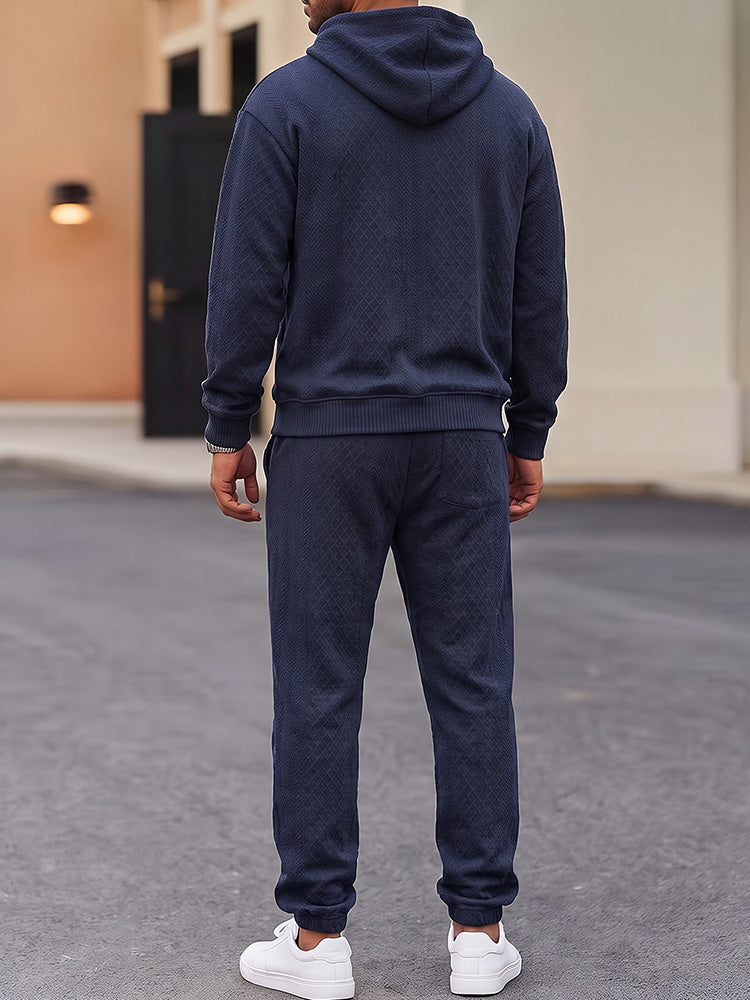 Textured Jacquard Hooded Sweatshirt and Joggers Set - Navy Blue