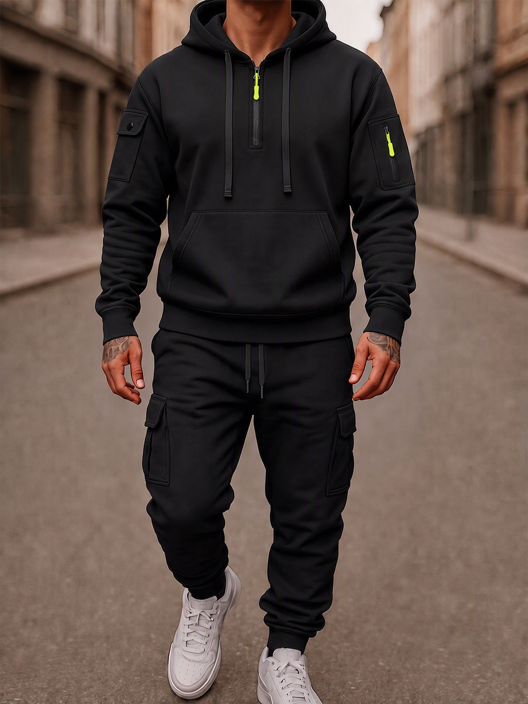 Fleece-Lined Cargo Hooded Tracksuit Set - Black