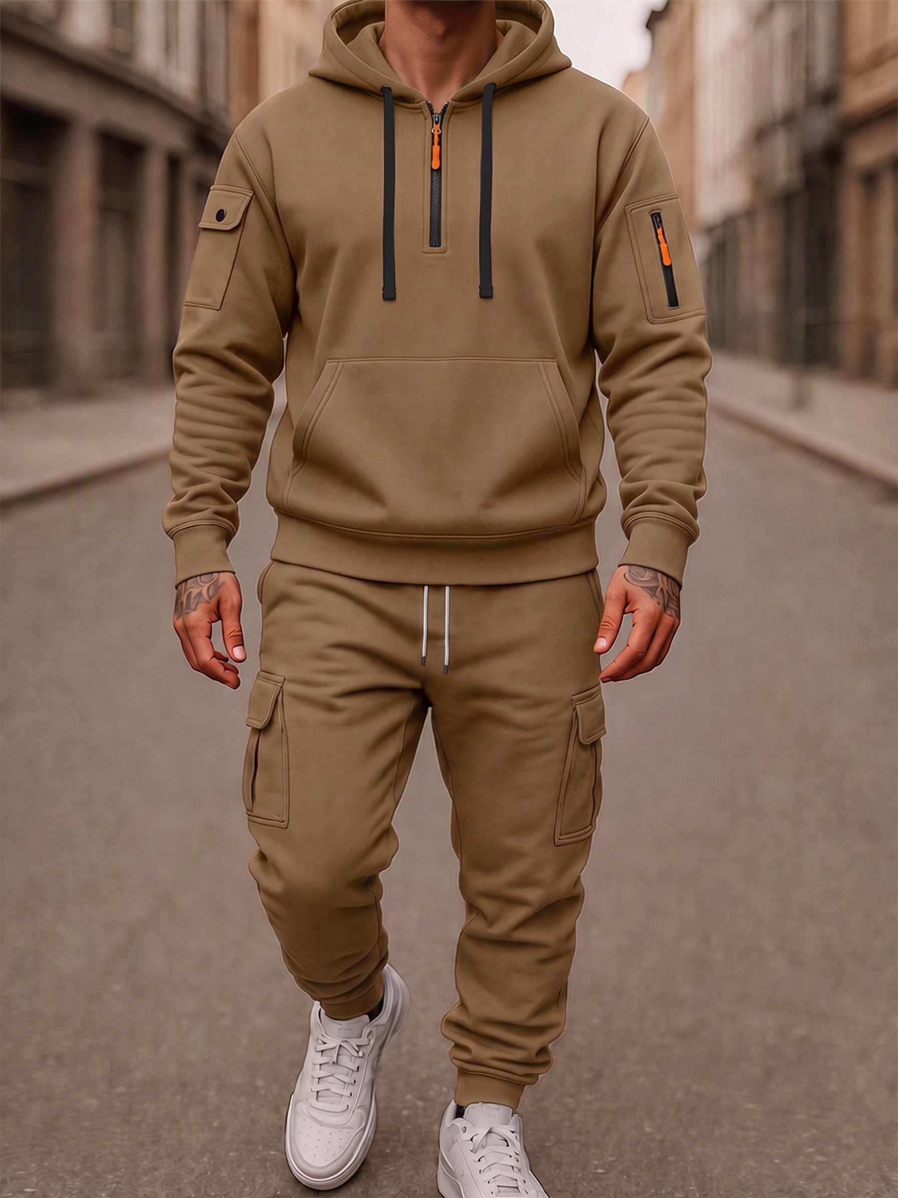 Fleece-Lined Cargo Hooded Tracksuit Set - Camel