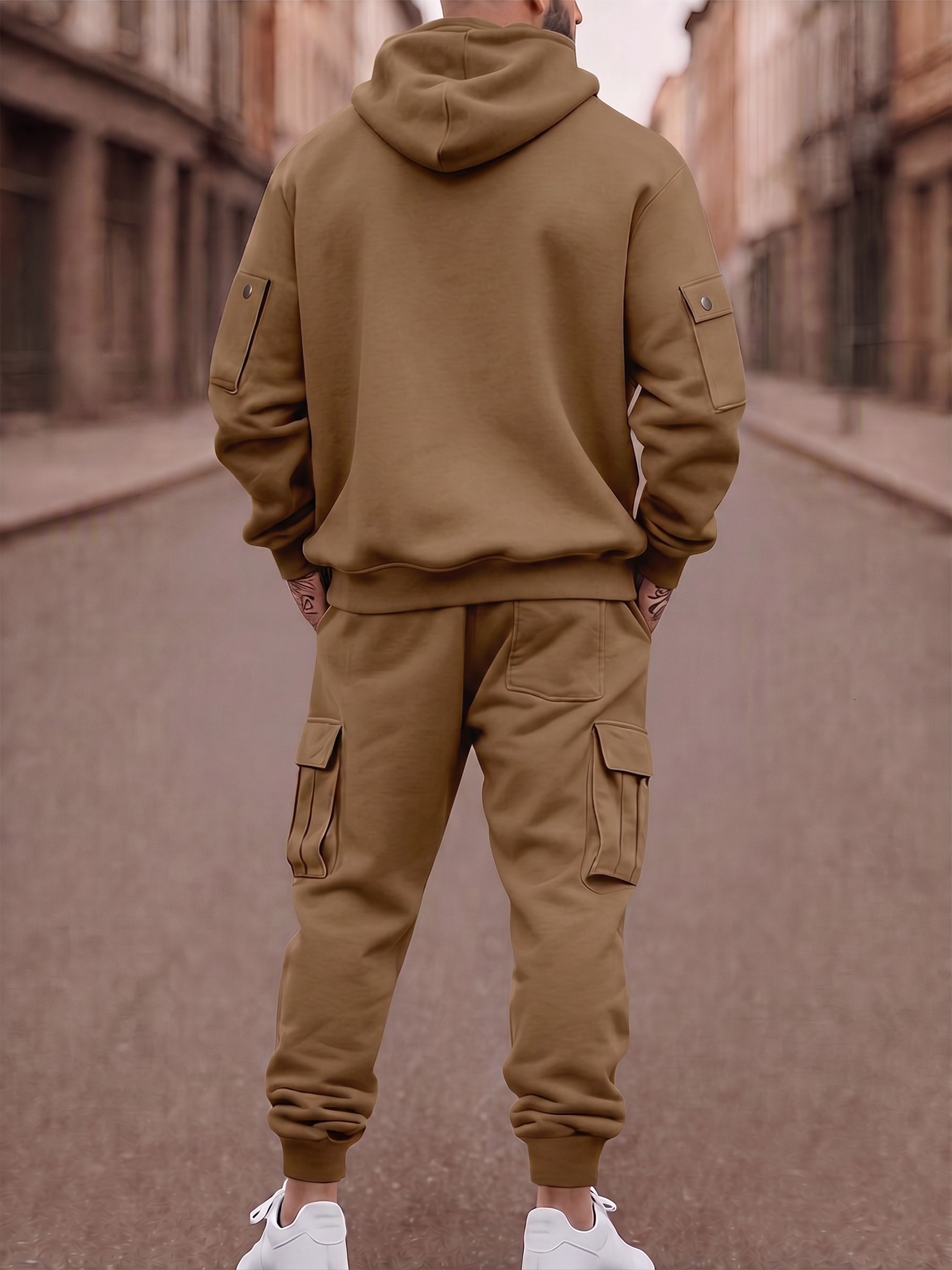 Fleece-Lined Cargo Hooded Tracksuit Set - Camel