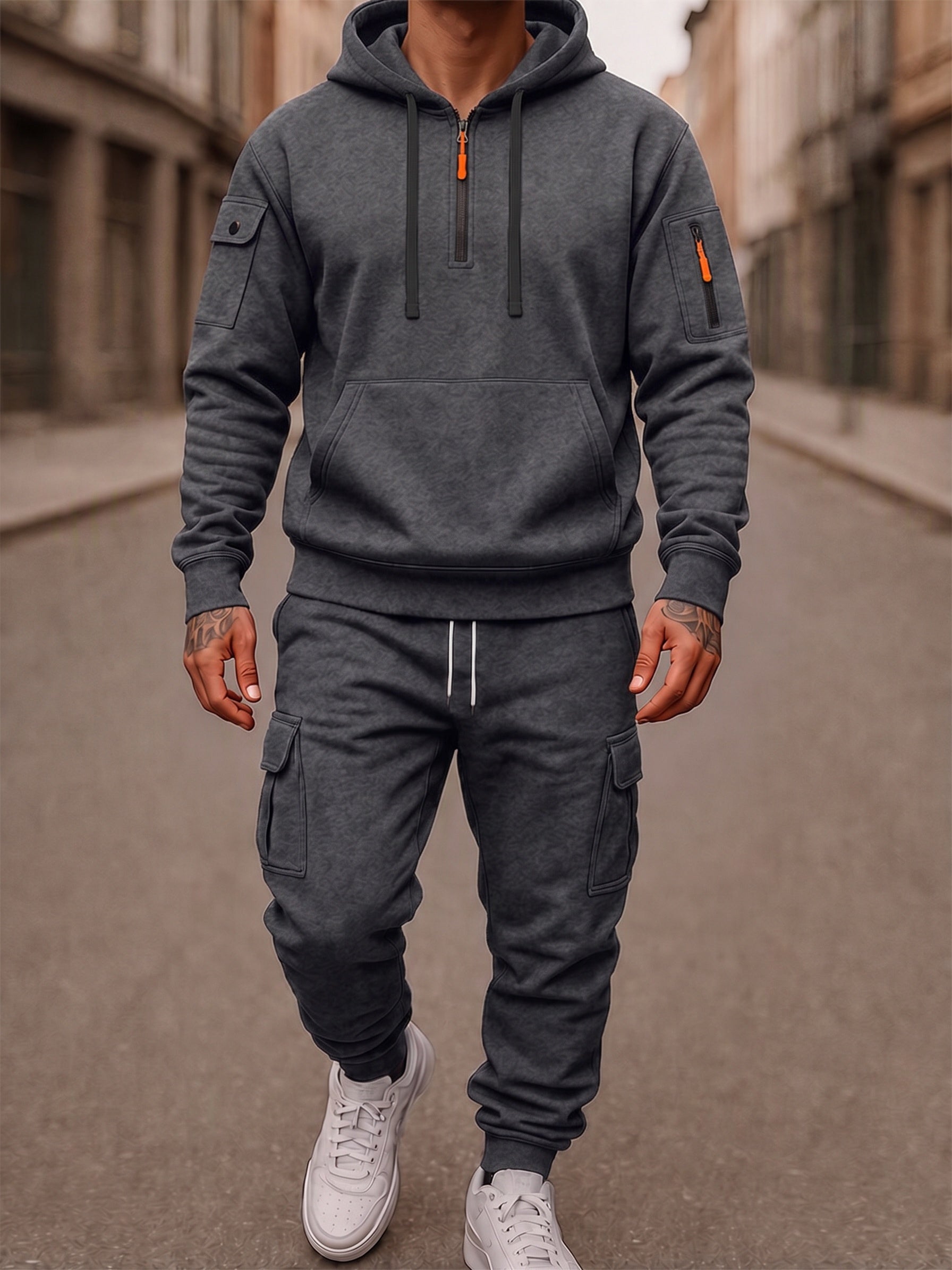 Fleece-Lined Cargo Hooded Tracksuit Set - Dark Grey