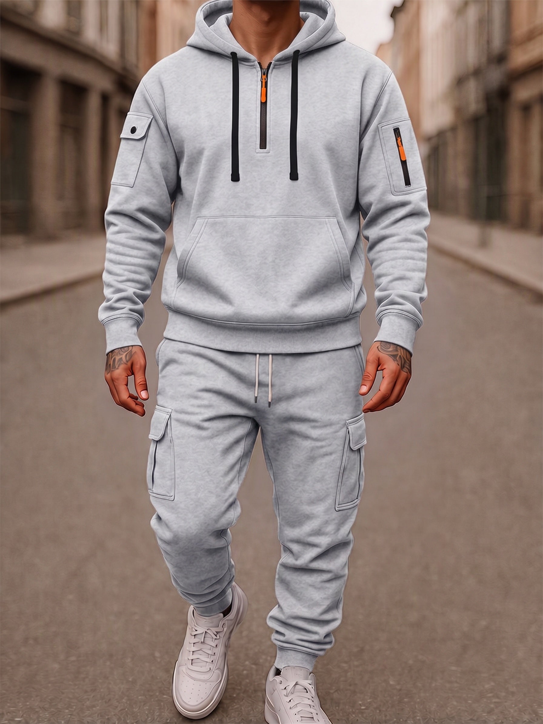 Fleece-Lined Cargo Hooded Tracksuit Set - Light Grey