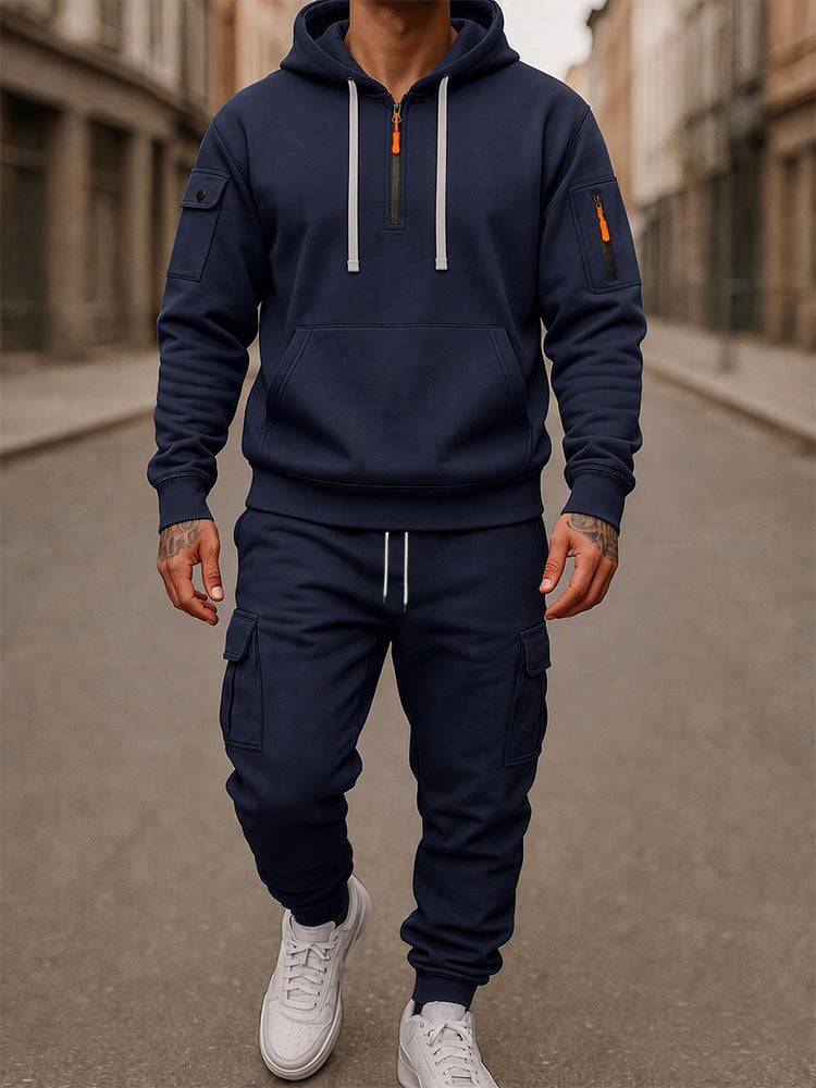Fleece-Lined Cargo Hooded Tracksuit Set - Navy Blue