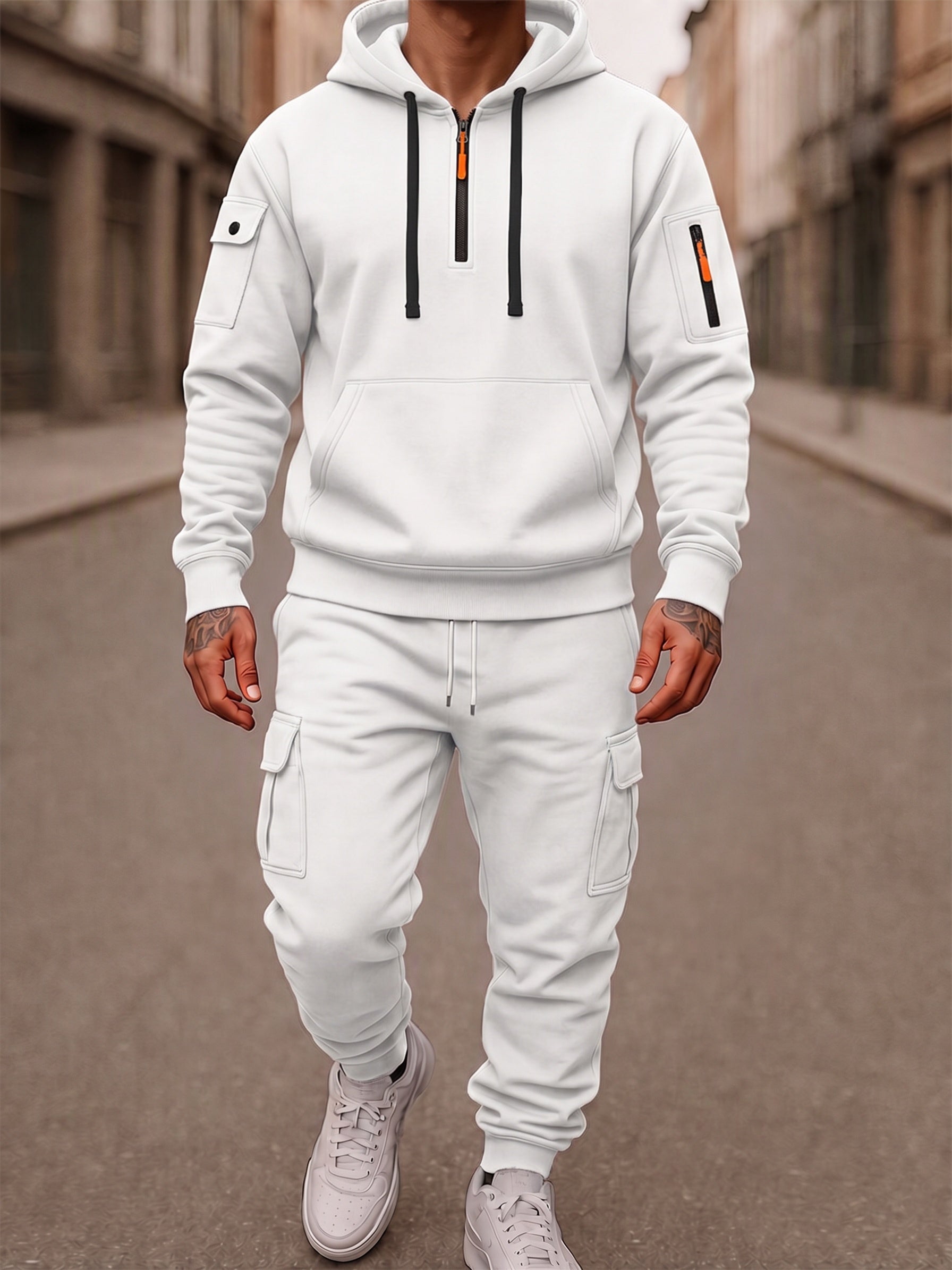 Fleece-Lined Cargo Hooded Tracksuit Set - White