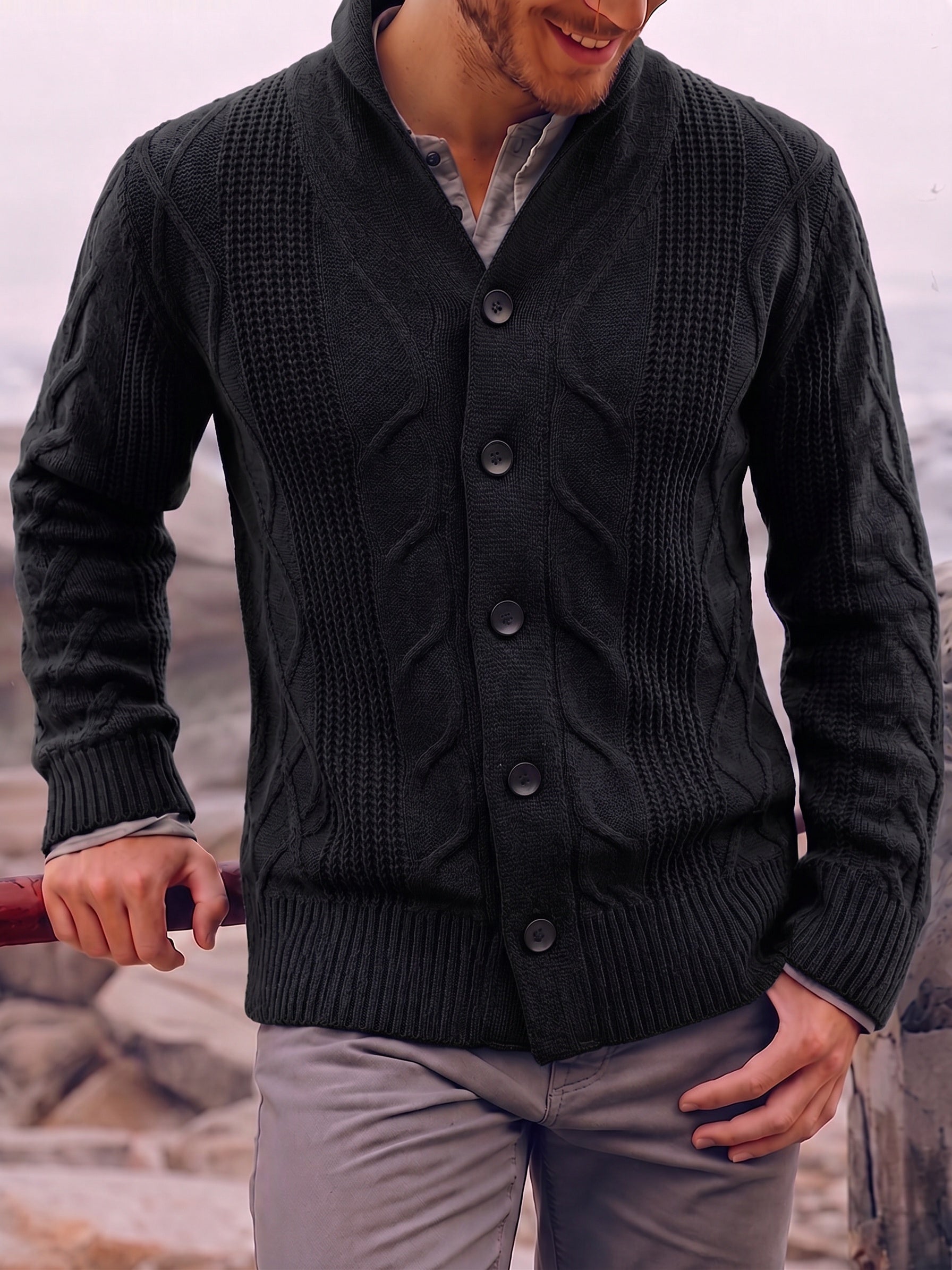 Cable Knit Shawl Collar Button-Up Cardigan - Black