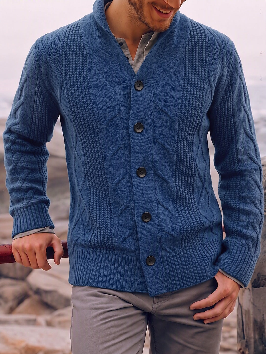 Cable Knit Shawl Collar Button-Up Cardigan - Dark Blue