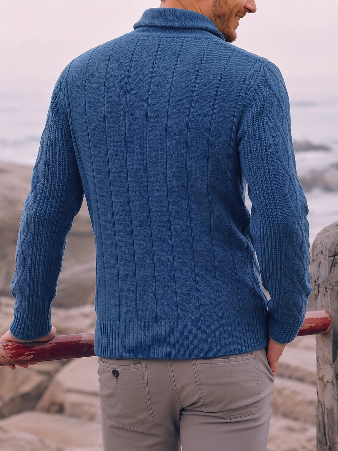 Cable Knit Shawl Collar Button-Up Cardigan - Dark Blue