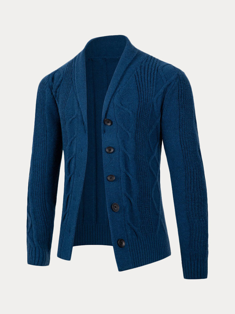 Cable Knit Shawl Collar Button-Up Cardigan - Dark Blue