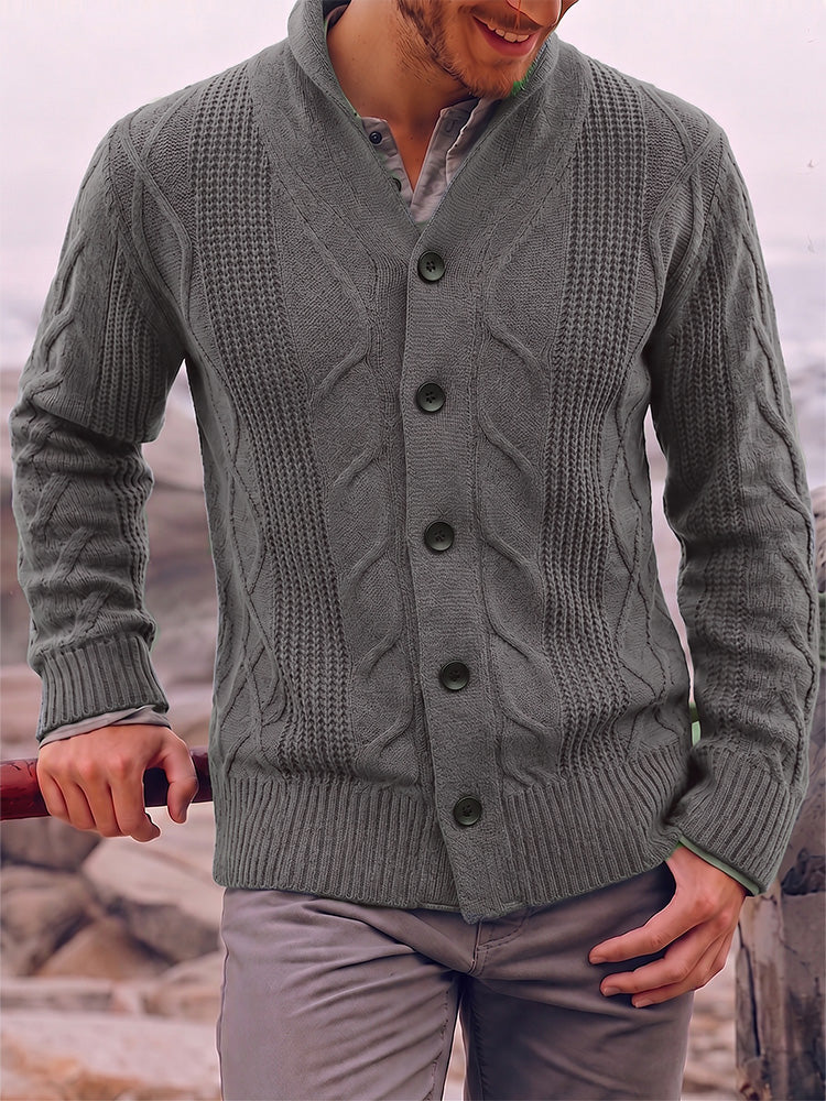 Cable Knit Shawl Collar Button-Up Cardigan - Dark Gray