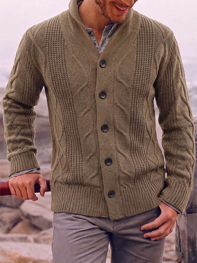 Cable Knit Shawl Collar Button-Up Cardigan - Khaki