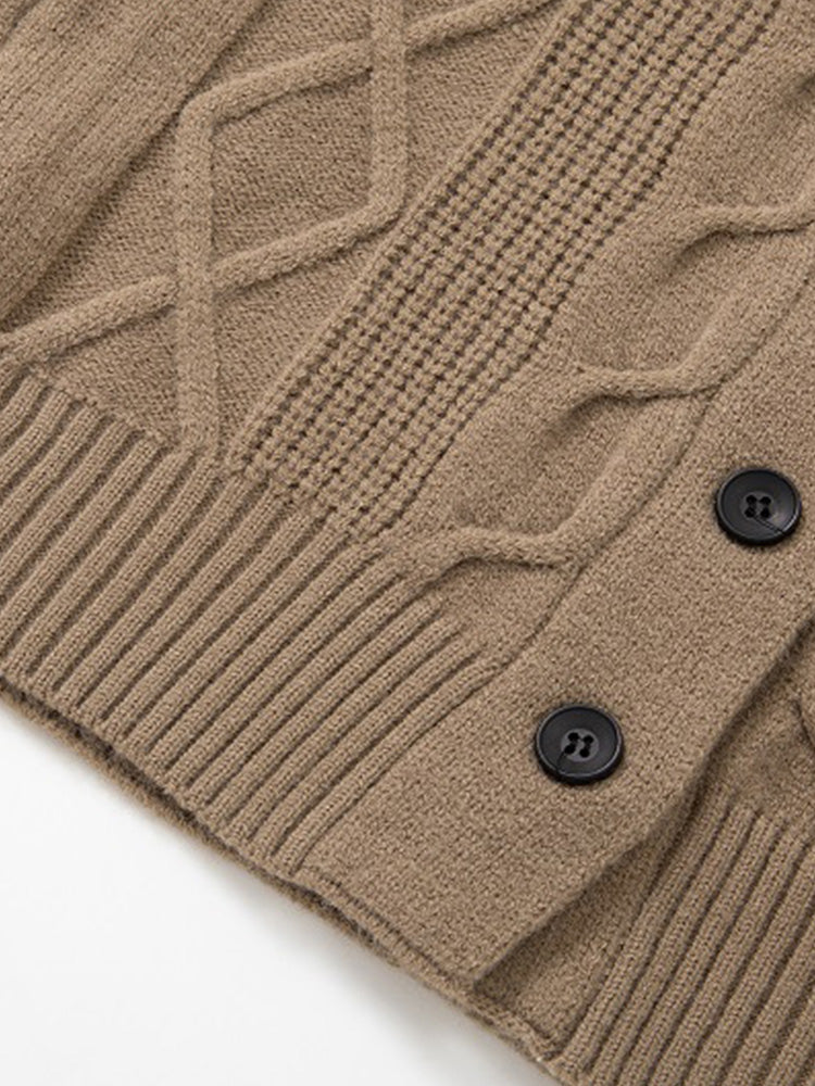 Cable Knit Shawl Collar Button-Up Cardigan - Khaki