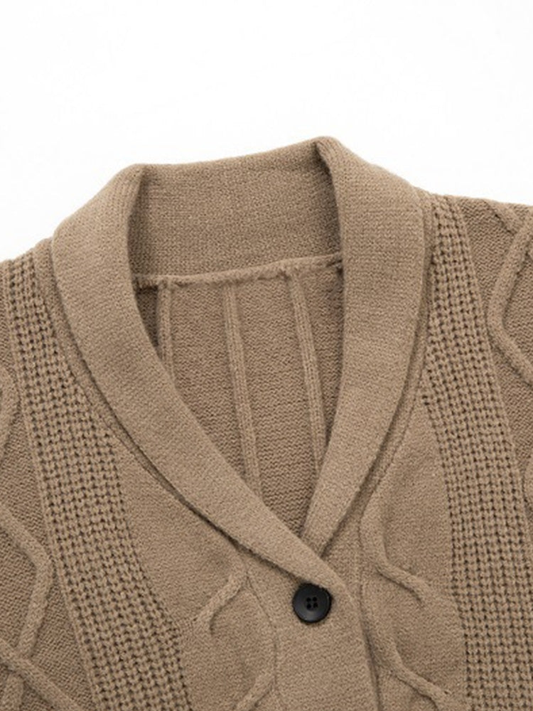 Cable Knit Shawl Collar Button-Up Cardigan - Khaki