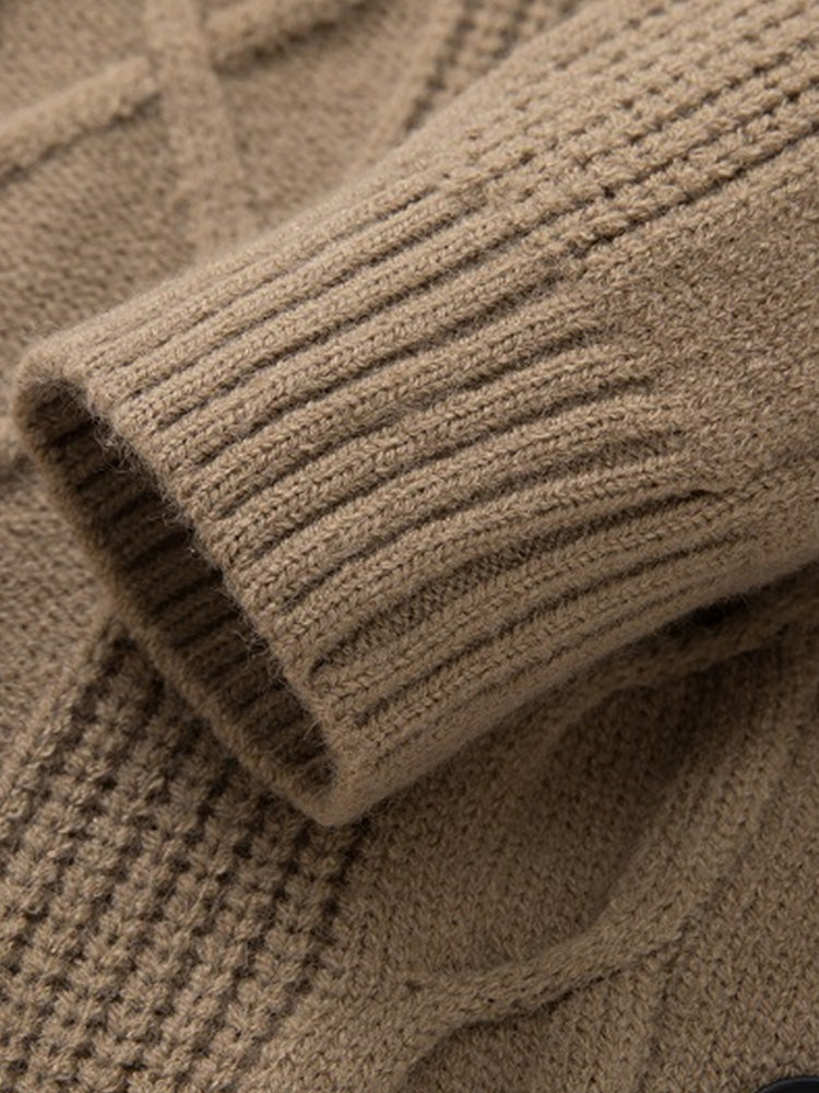 Cable Knit Shawl Collar Button-Up Cardigan - Khaki