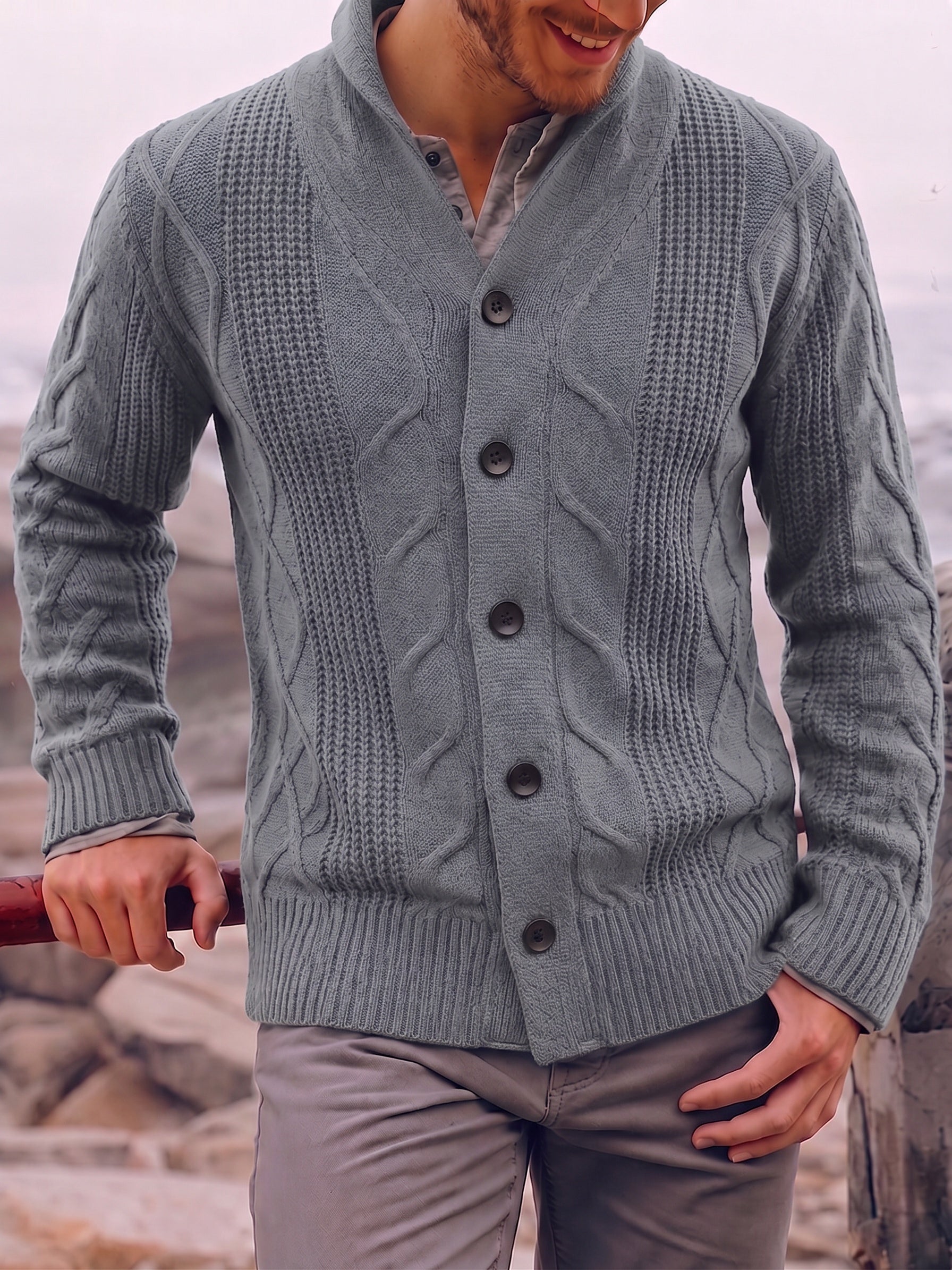 Cable Knit Shawl Collar Button-Up Cardigan - Light Gray
