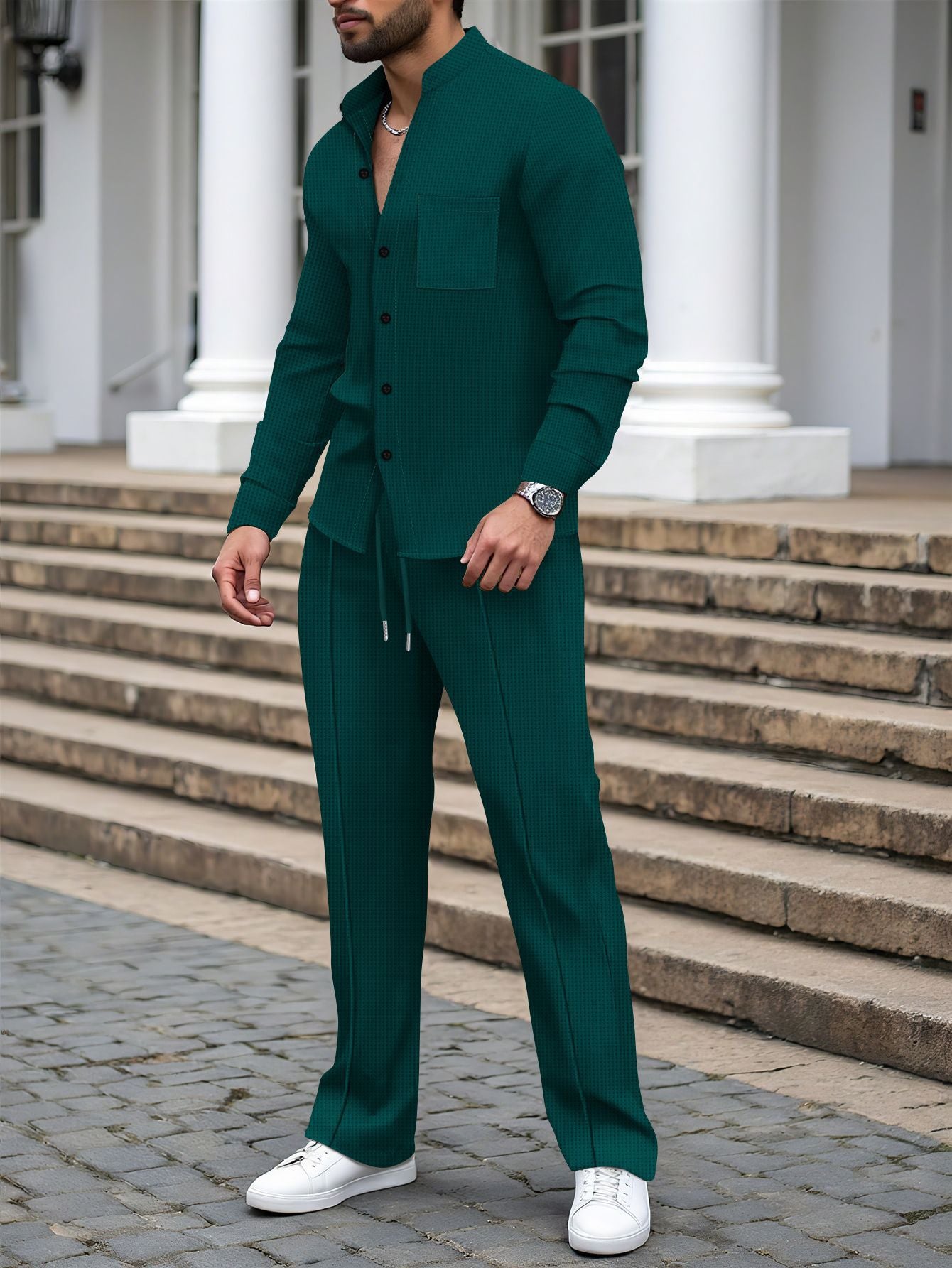 Casual Waffle Knit Mandarin Collar Shirt Set - Dark Green