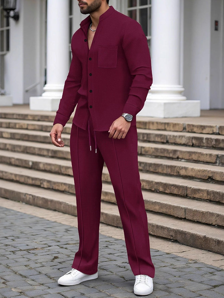 Casual Waffle Knit Mandarin Collar Shirt Set - Wine Red