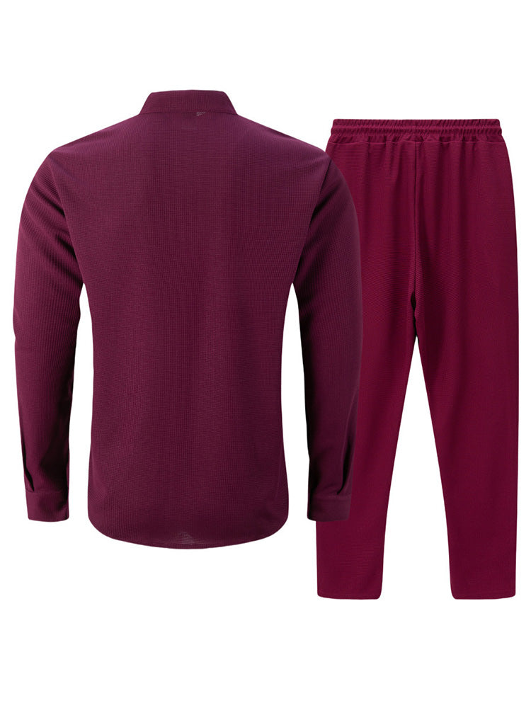Casual Waffle Knit Mandarin Collar Shirt Set - Wine Red