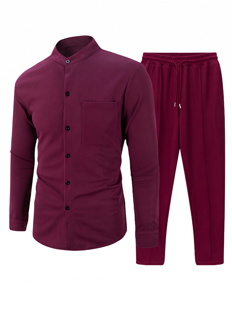 Casual Waffle Knit Mandarin Collar Shirt Set - Wine Red