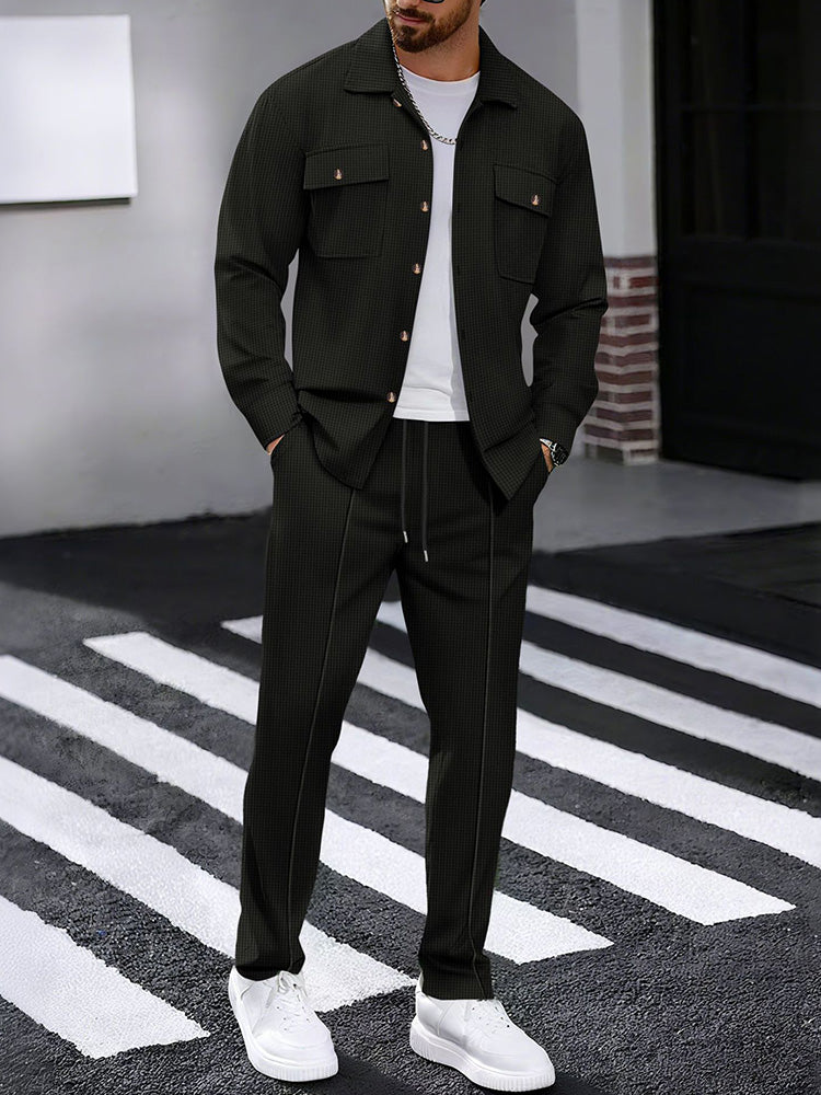 Waffle Knit Lapel Collar 2-Piece Shirt Set - Black