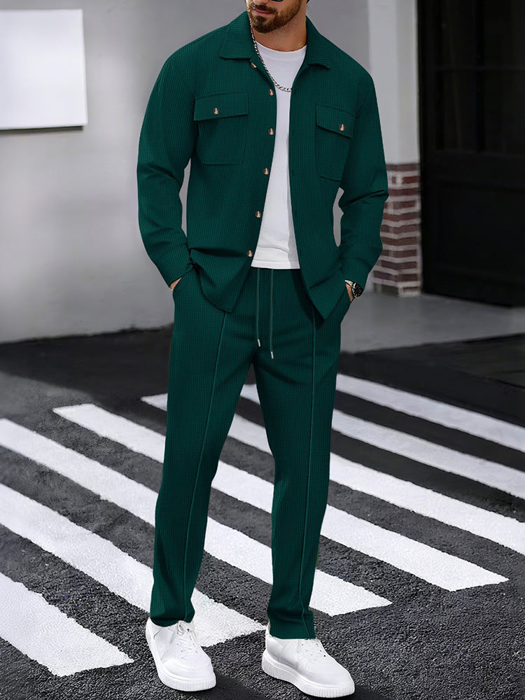 Waffle Knit Lapel Collar 2-Piece Shirt Set - Dark Green