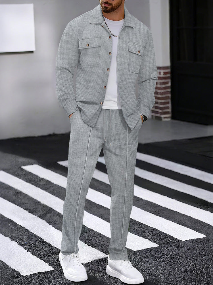 Waffle Knit Lapel Collar 2-Piece Shirt Set - Gray