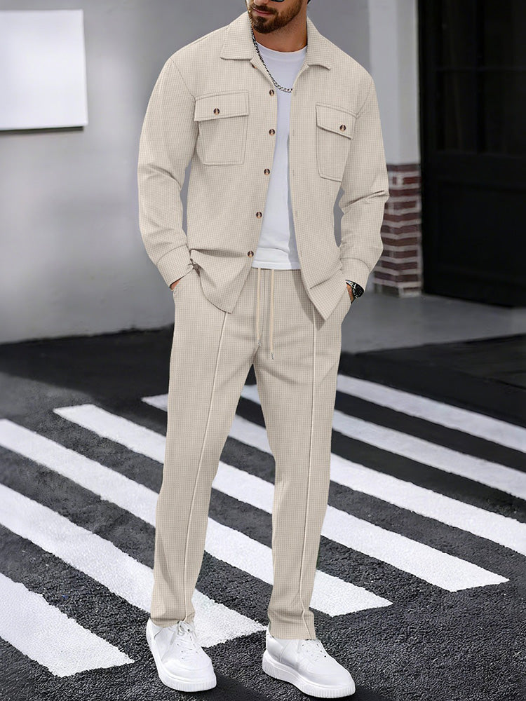 Waffle Knit Lapel Collar 2-Piece Shirt Set - Khaki