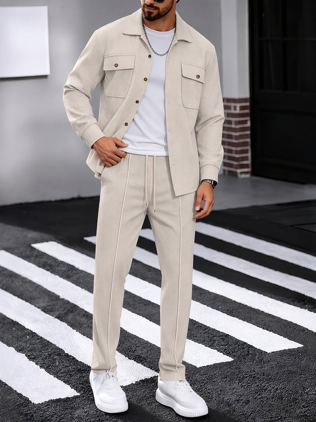 Waffle Knit Lapel Collar 2-Piece Shirt Set - Khaki