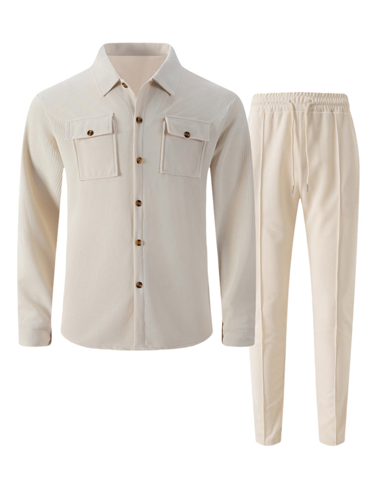 Waffle Knit Lapel Collar 2-Piece Shirt Set - Khaki