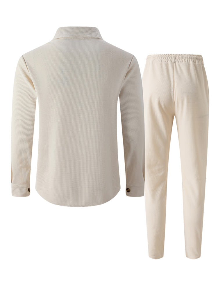 Waffle Knit Lapel Collar 2-Piece Shirt Set - Khaki