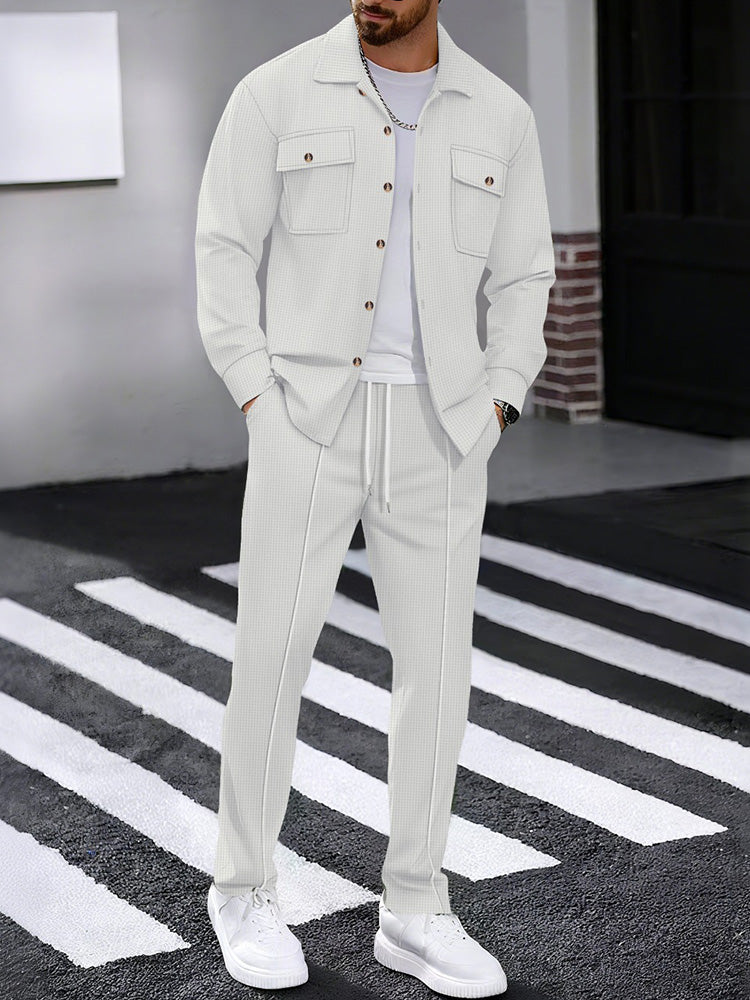 Waffle Knit Lapel Collar 2-Piece Shirt Set - White