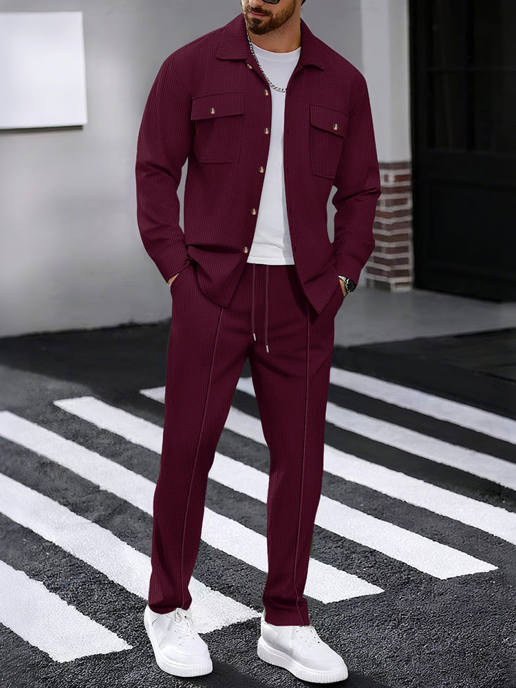 Waffle Knit Lapel Collar 2-Piece Shirt Set - Wine Red