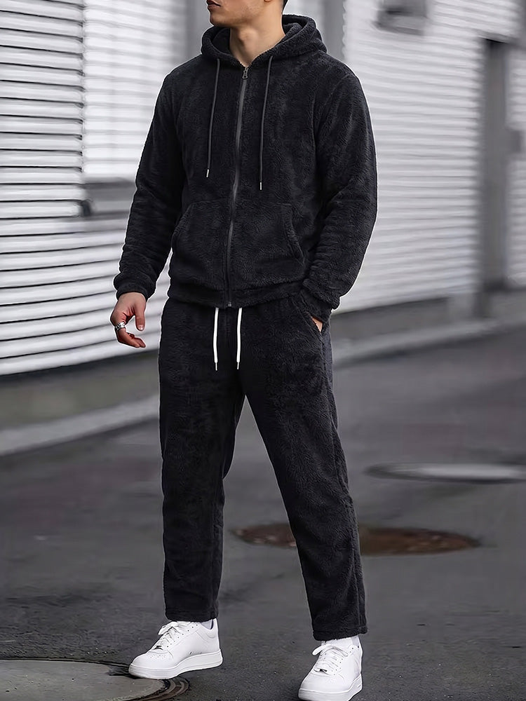 Coral Fleece Hooded 2-Piece Lounge Set - Black
