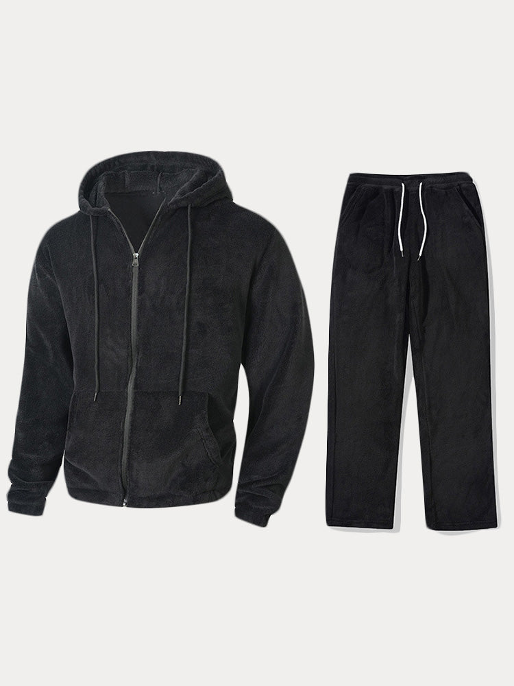 Coral Fleece Hooded 2-Piece Lounge Set - Black