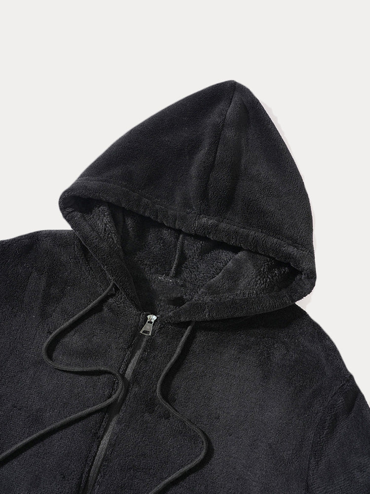 Coral Fleece Hooded 2-Piece Lounge Set - Black