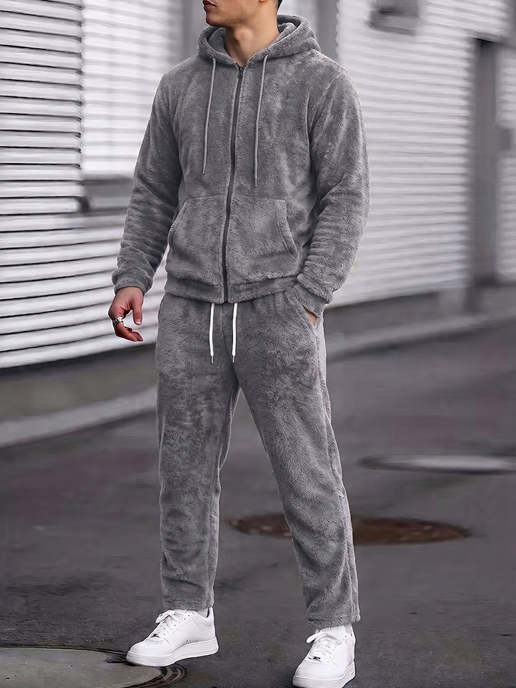 Coral Fleece Hooded 2-Piece Lounge Set - Grey