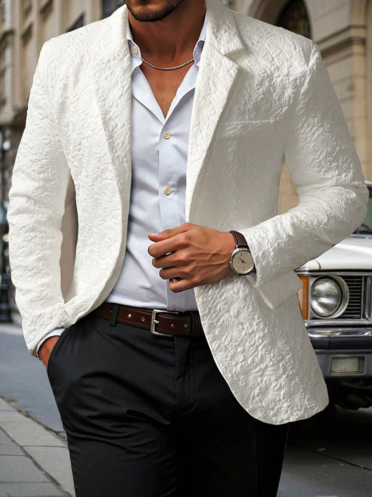 Floral Embossed Relaxed Fit Blazer - White
