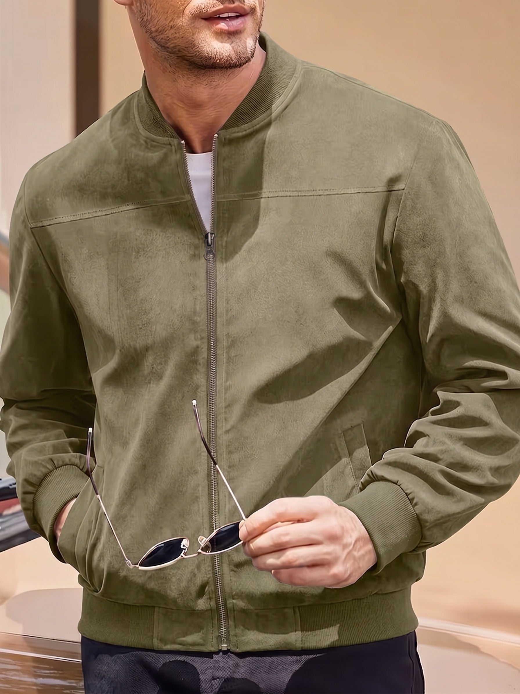 Casual Faux Suede Bomber Jacket - Army Green