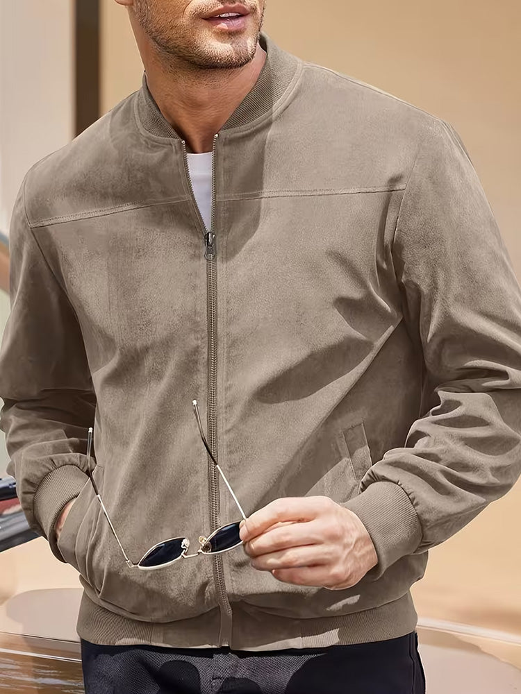 Casual Faux Suede Bomber Jacket - Brown