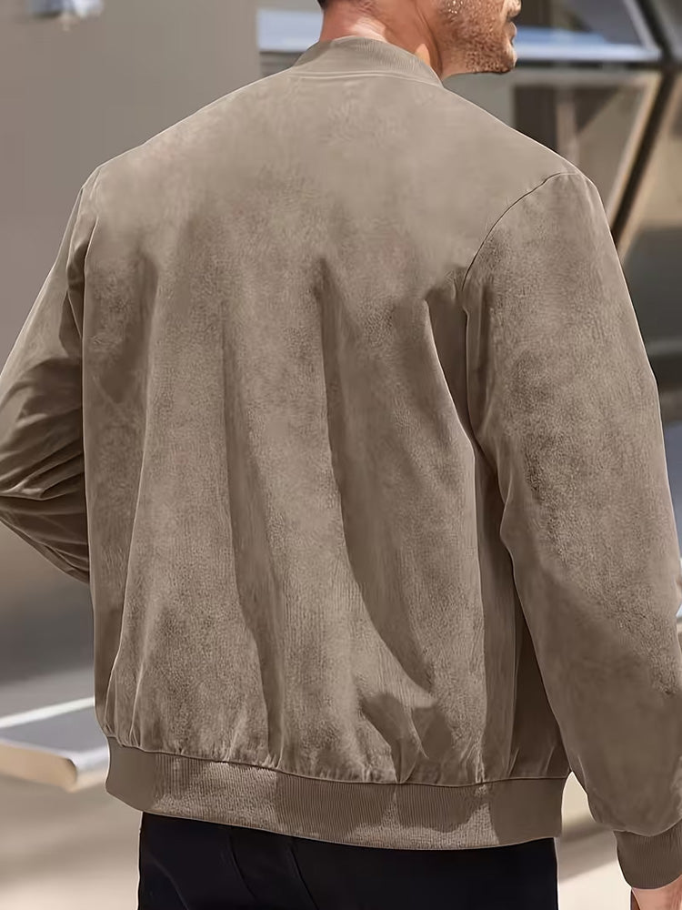 Casual Faux Suede Bomber Jacket - Brown
