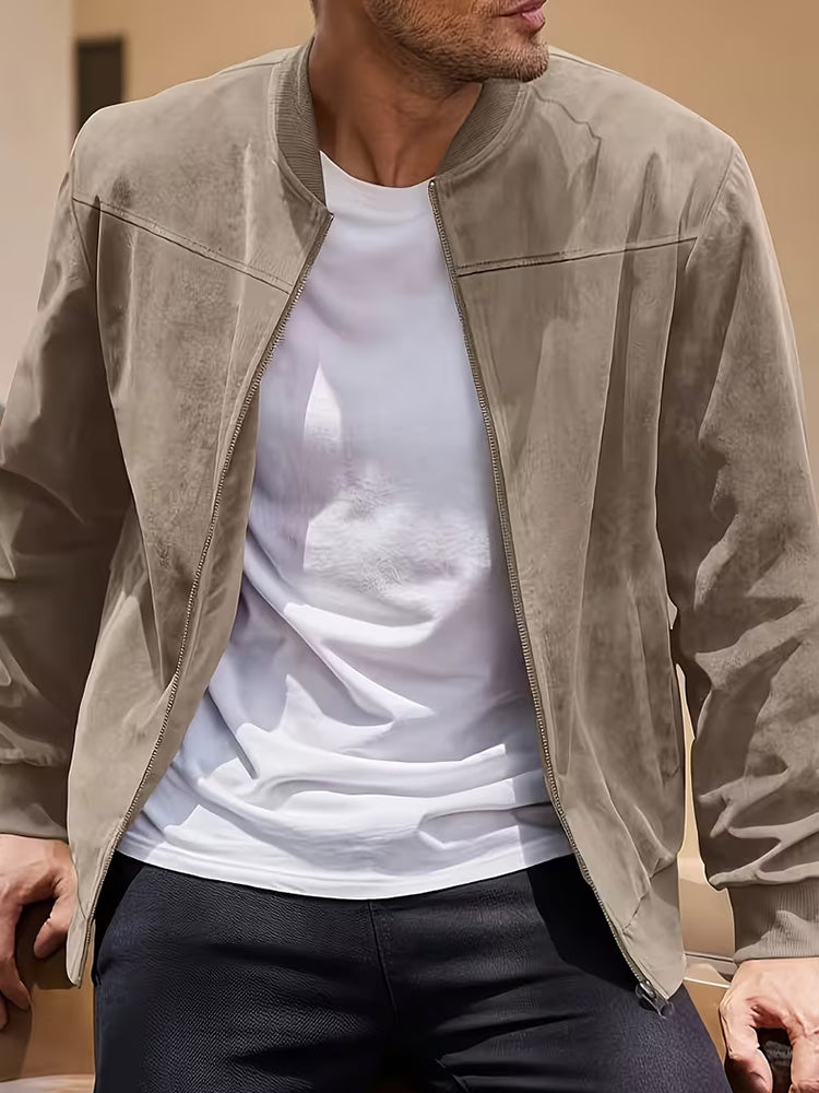 Casual Faux Suede Bomber Jacket - Brown