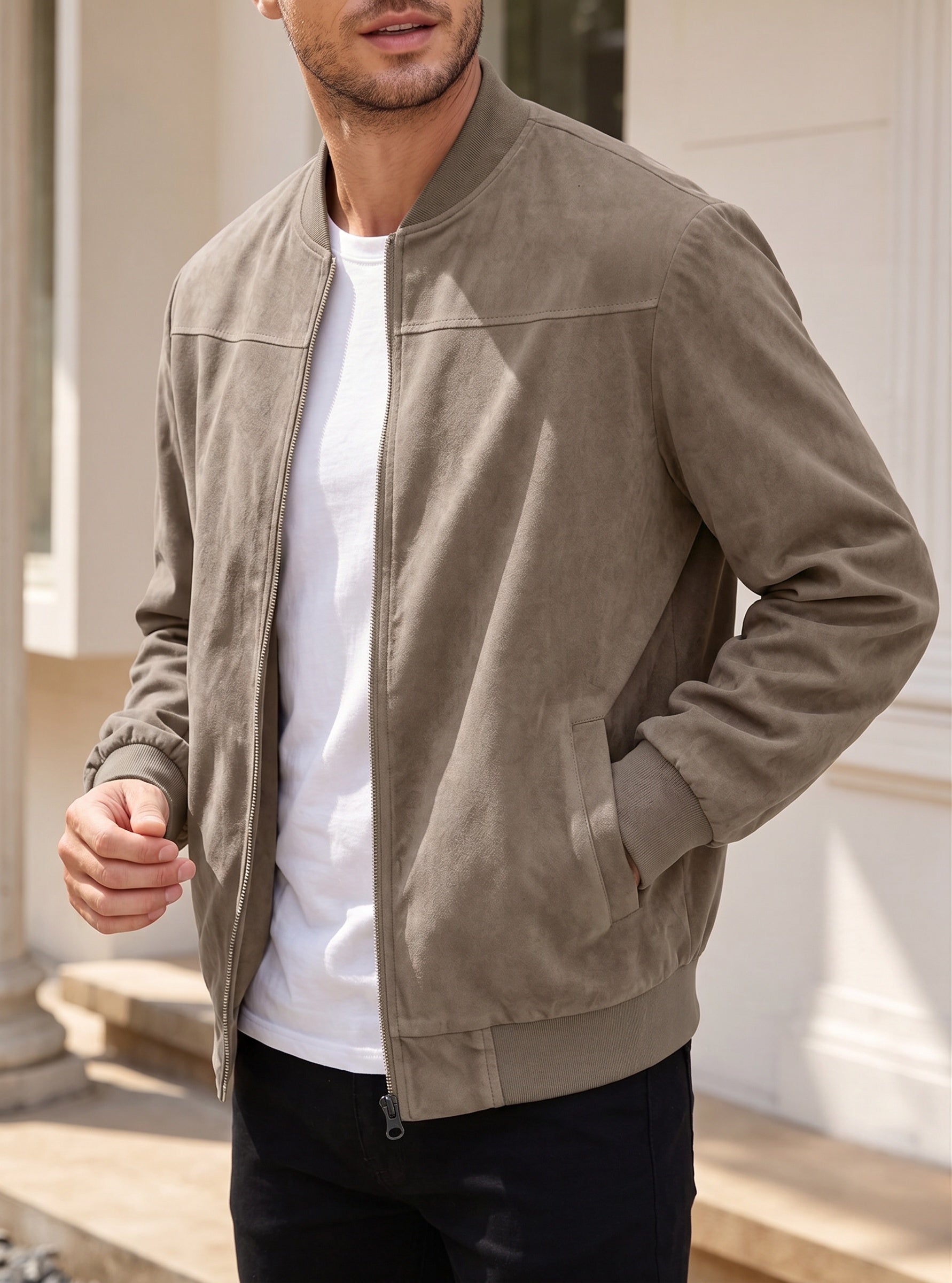 Casual Faux Suede Bomber Jacket - Brown