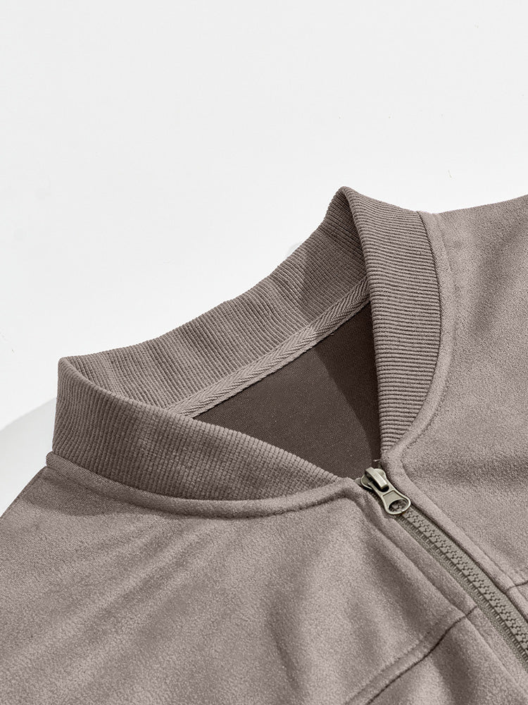 Casual Faux Suede Bomber Jacket - Brown