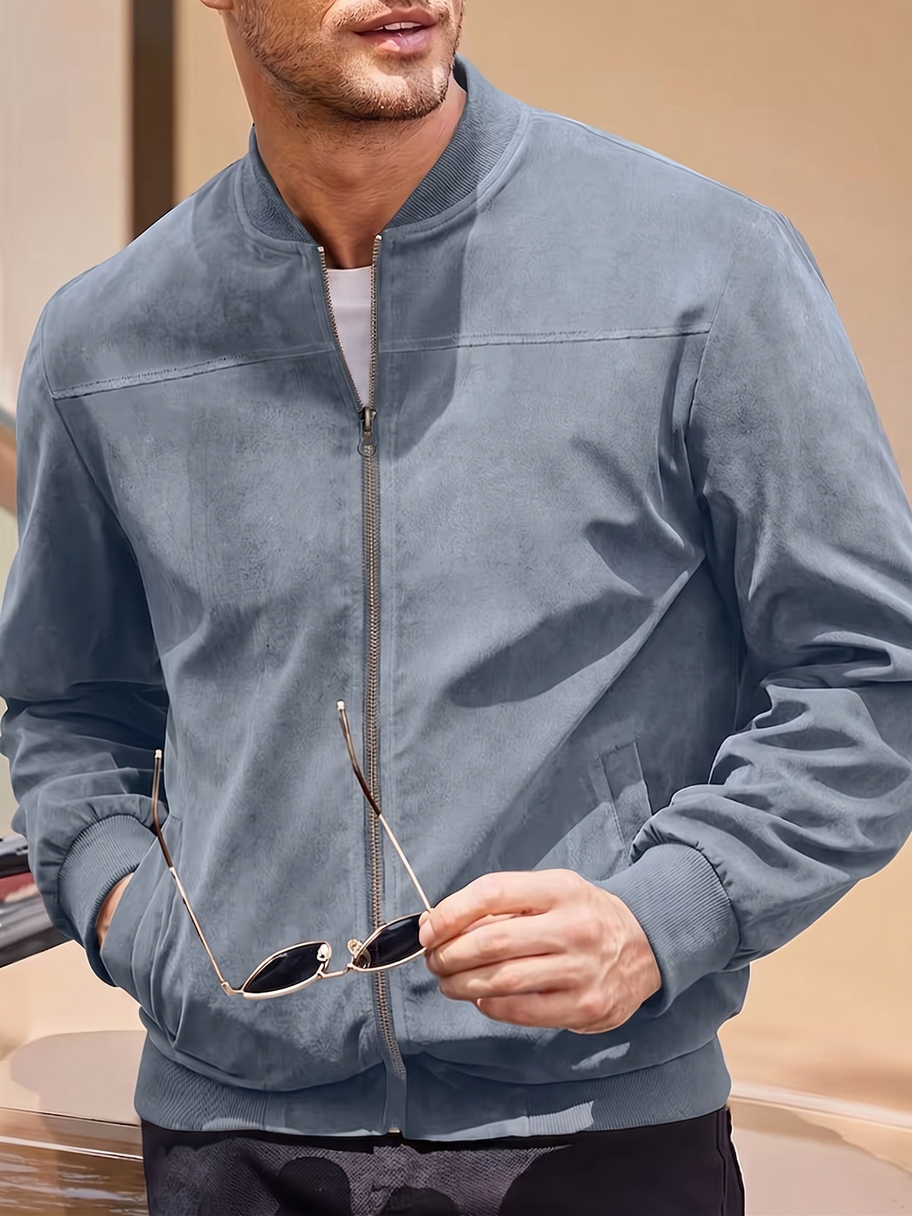 Casual Faux Suede Bomber Jacket - Light Blue