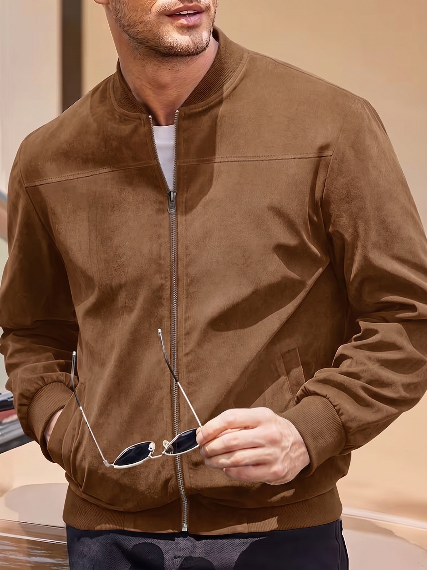Casual Faux Suede Bomber Jacket - Camel