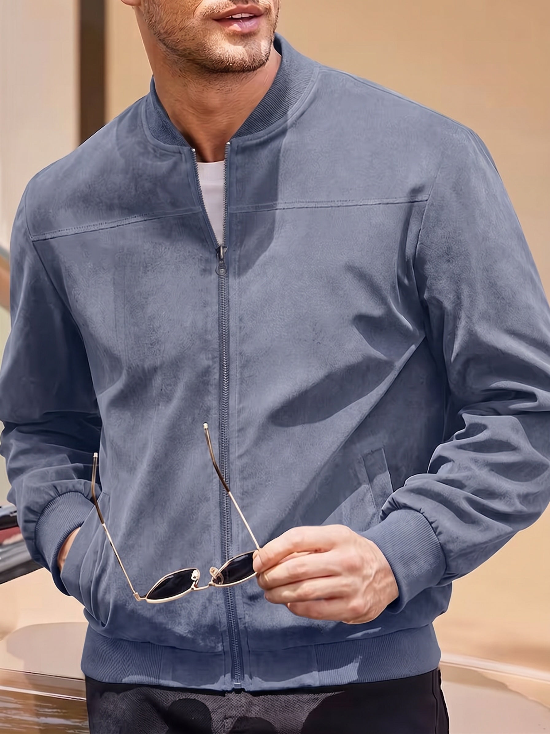 Casual Faux Suede Bomber Jacket - Navy Blue